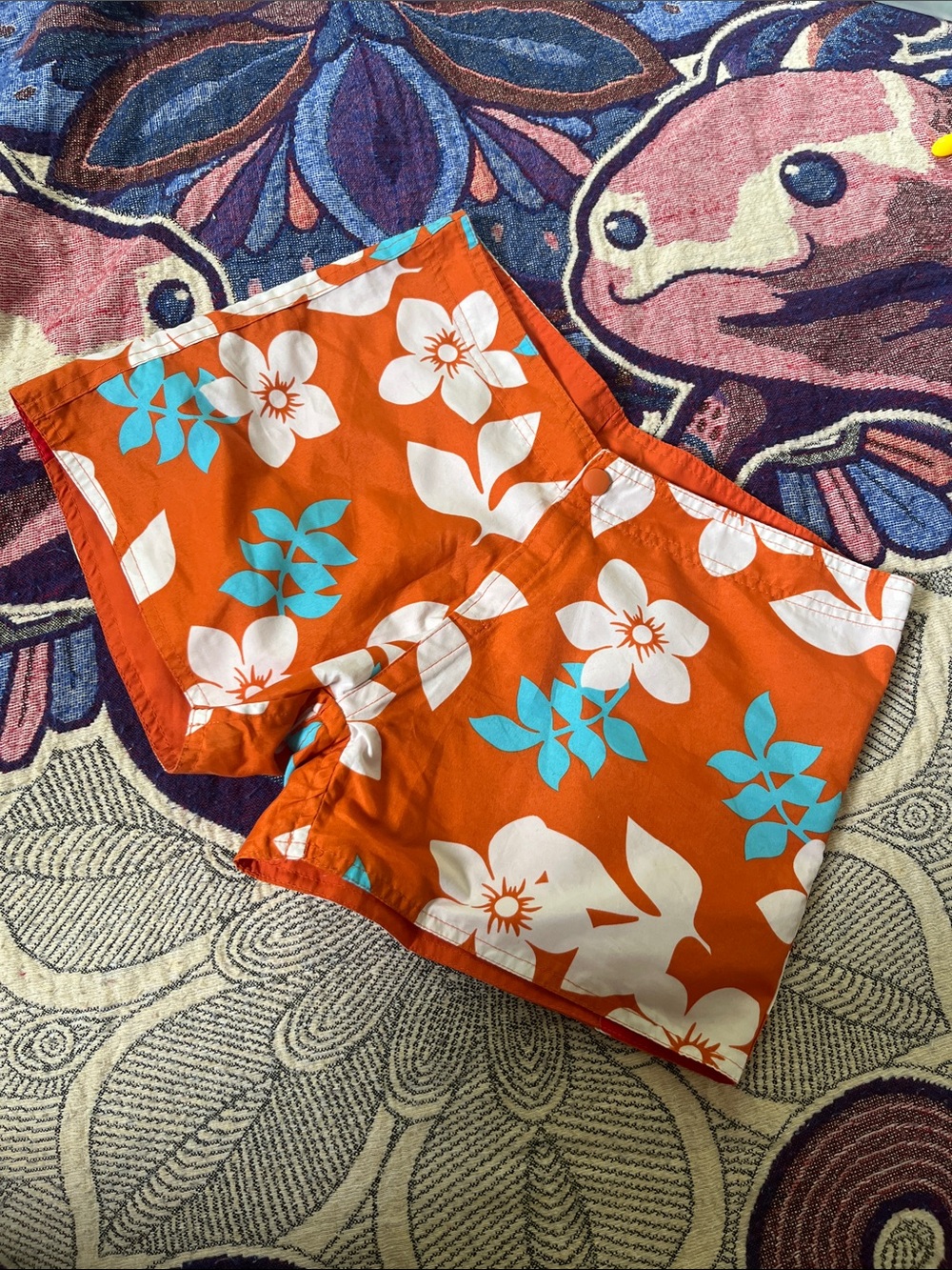 Orange Floral Swim Shorts with Turquoise & White Flowers
